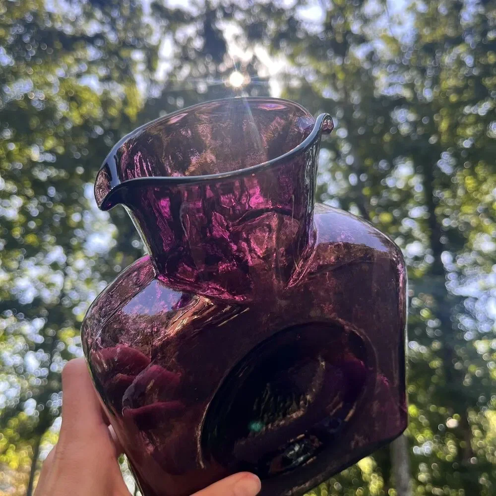Blenko #384 Amethyst Double Spout Water Bottle Hand Blown MCM Glass 2001 Signed
